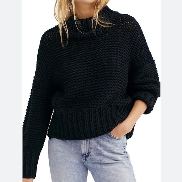 Free People Women's Size S Chunky  Black Knit My Only Sunshine Sweater - Picture 1 of 9